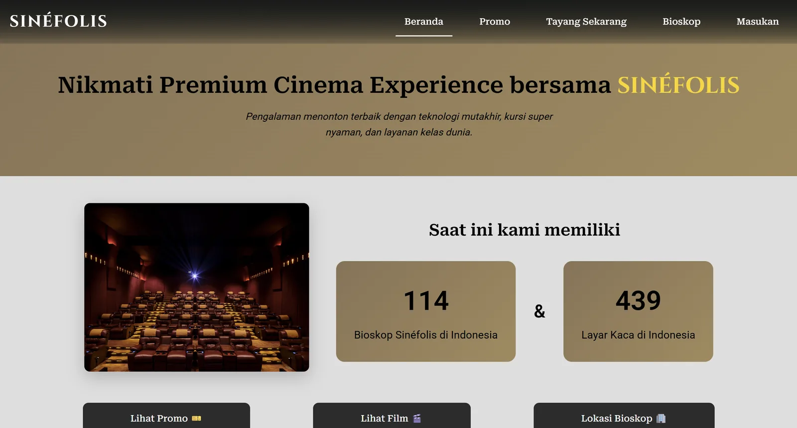 Sinéfolis homepage: a gold hero banner, a cinema hall photo, and counters for 114 cinemas and 439 screens.